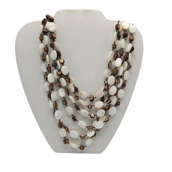 Multi Layer White Mother of Pearl Brown Shell Necklace With Toggle Closure - Picture 1 of 6